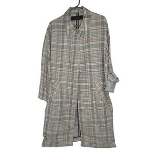 Zara Basic Plaid Duster Coat Grey Tan Longline Roll Tab Sleeve Trench Jacket M